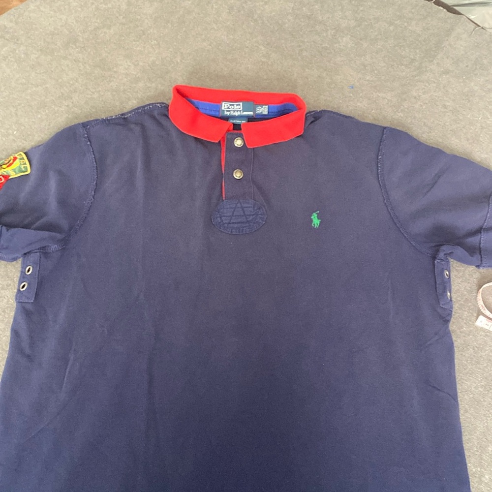 Vintage Ralph Lauren Polo short sleeve red blue, patch, distressed